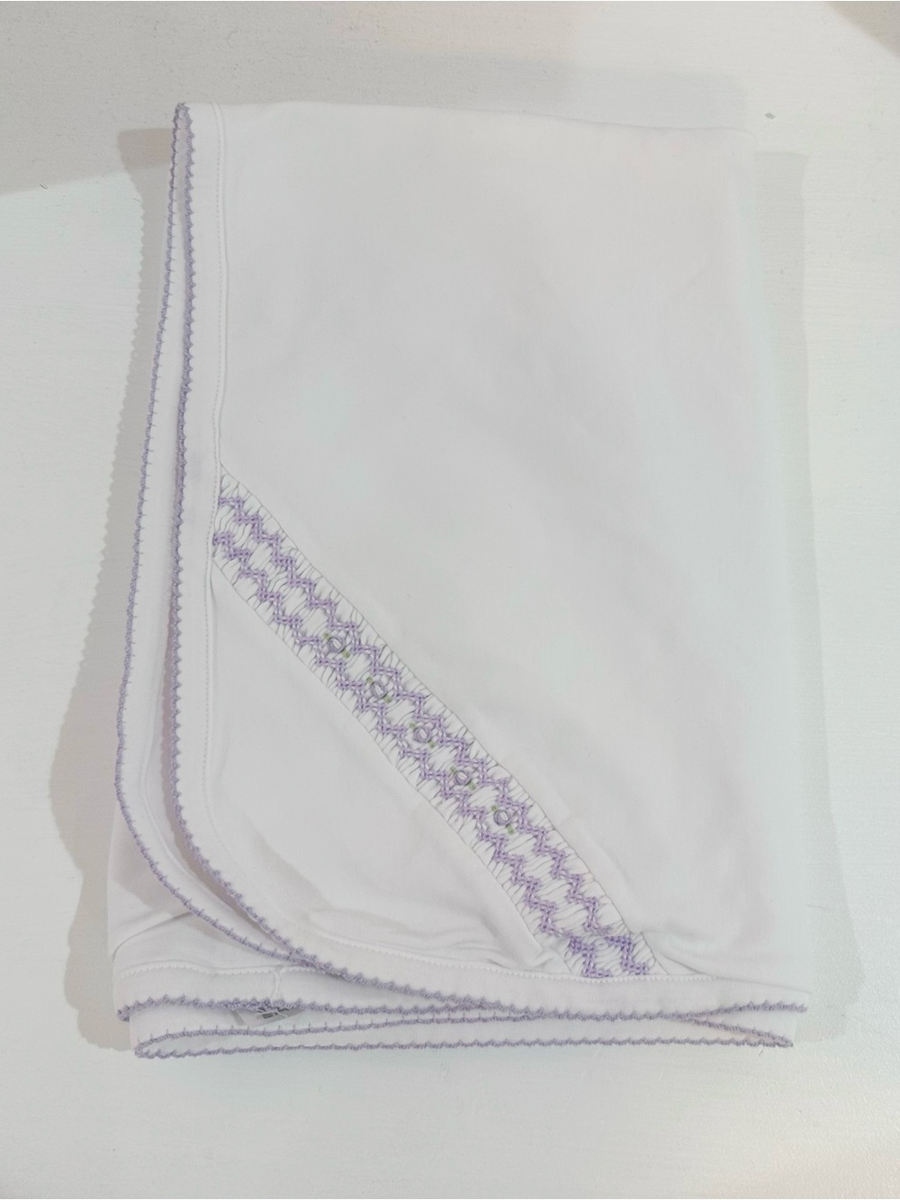Kissy kissy White Blanket with Lavender Trim NWOT